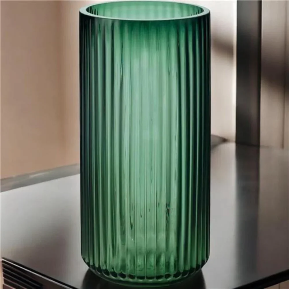 NEW West Elm Green Glass Boho Ribbed Cylinder Flower Vase Planter Decor - 8